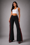 GJG Denim Texas Sun Black Bell Bottom Jeans with Burgundy Fringe