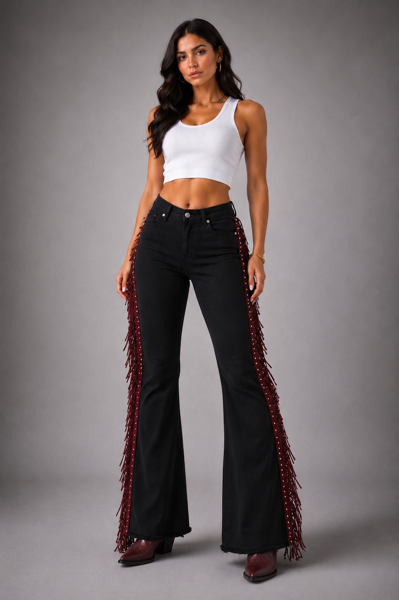 GJG Denim Texas Sun Black Bell Bottom Jeans with Burgundy Fringe
