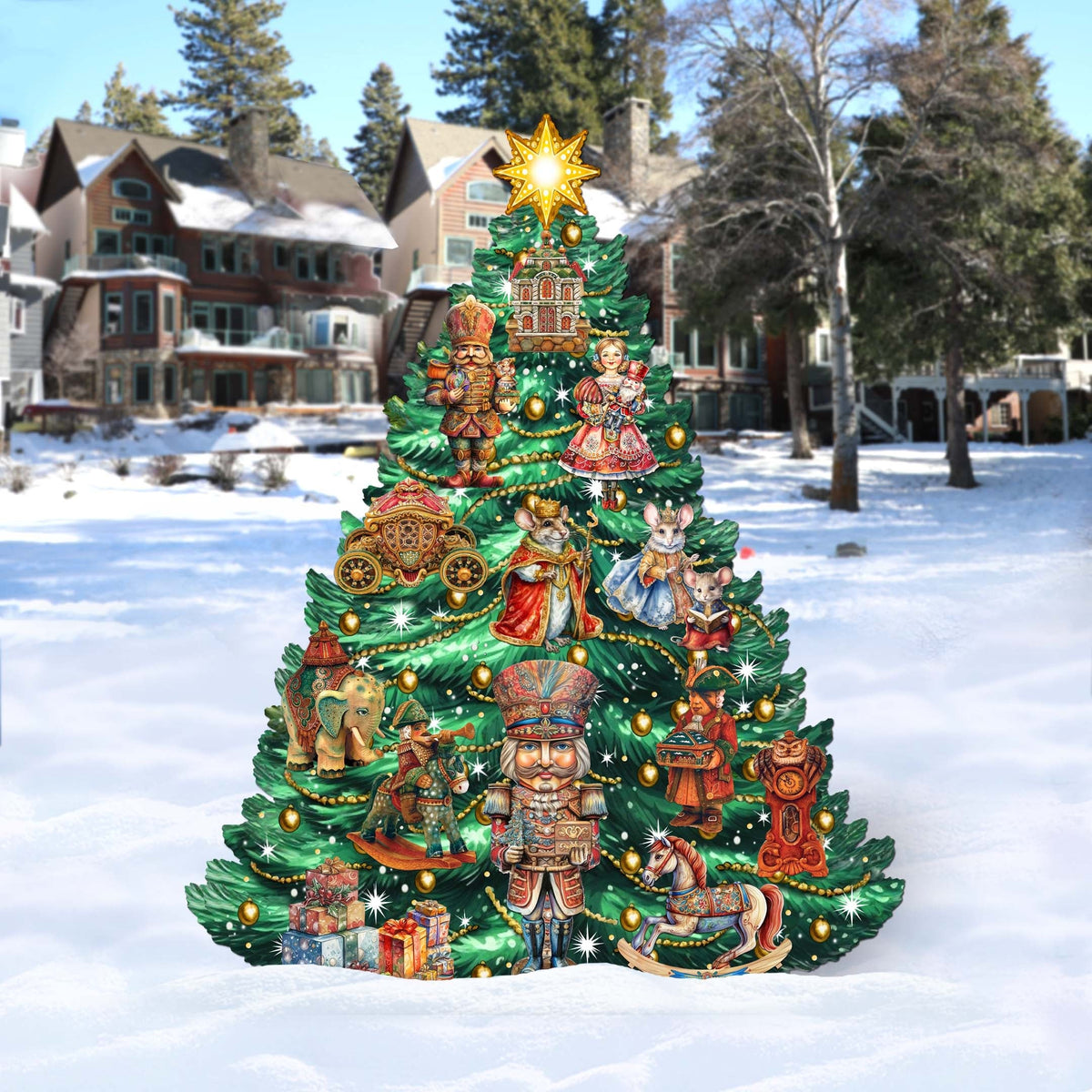 Nutcracker-Themed Christmas Tree Outdoor Indoor Decor Wooden Christmas Decoration by G. Debrekht Christmas Decor - 8191501F