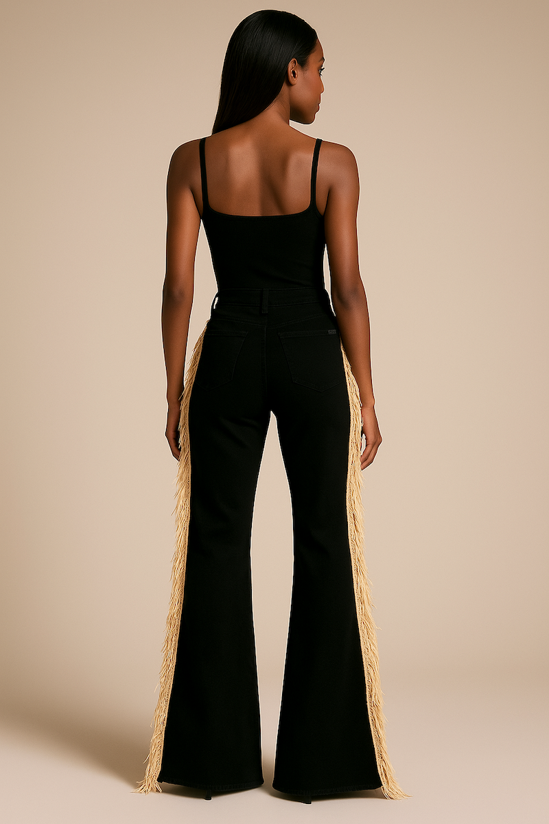 GJG Denim Texas Sun Bell Bottom Jeans — Black with Beige Fringe