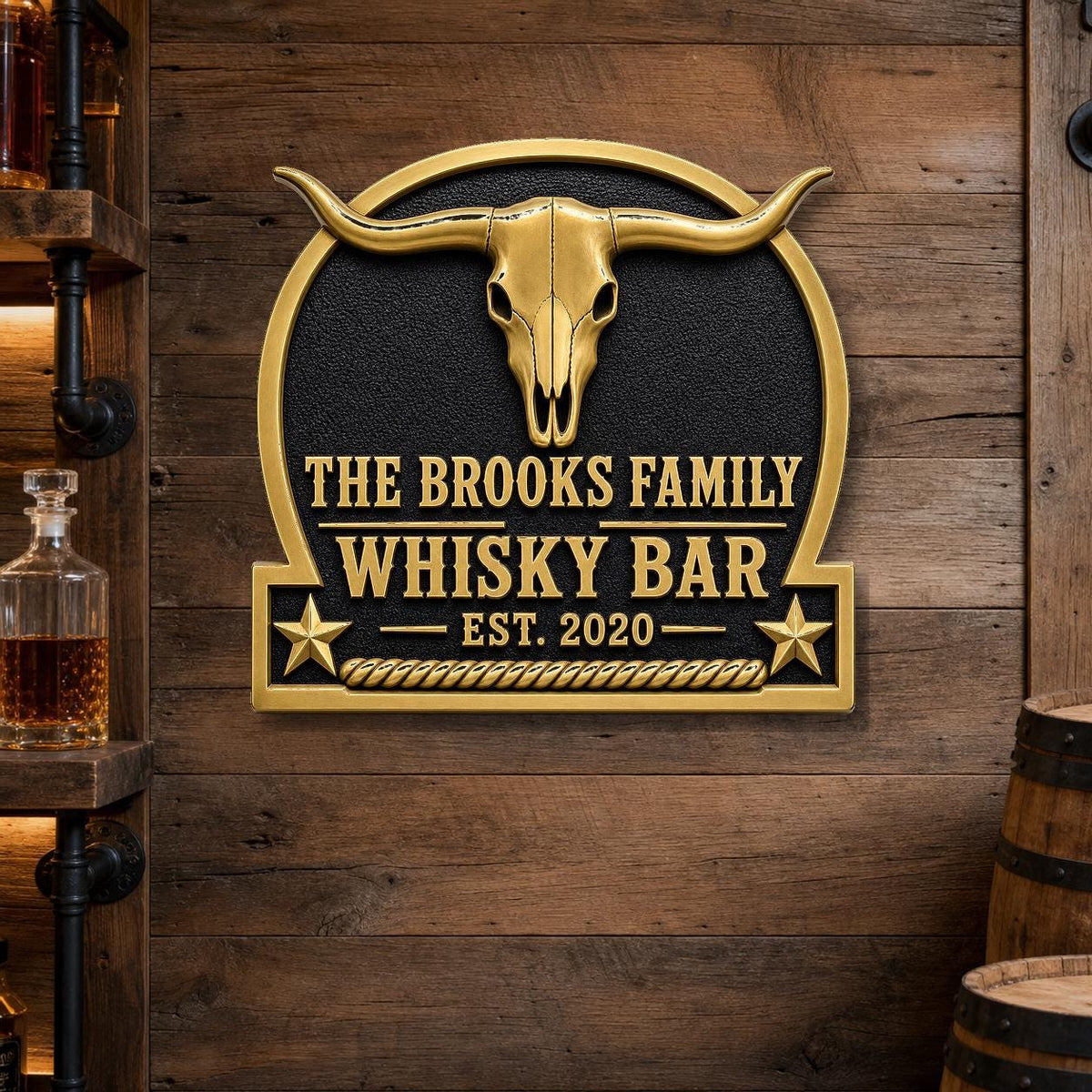 Personalized Home Bar Sign – Antique Brass Longhorn
