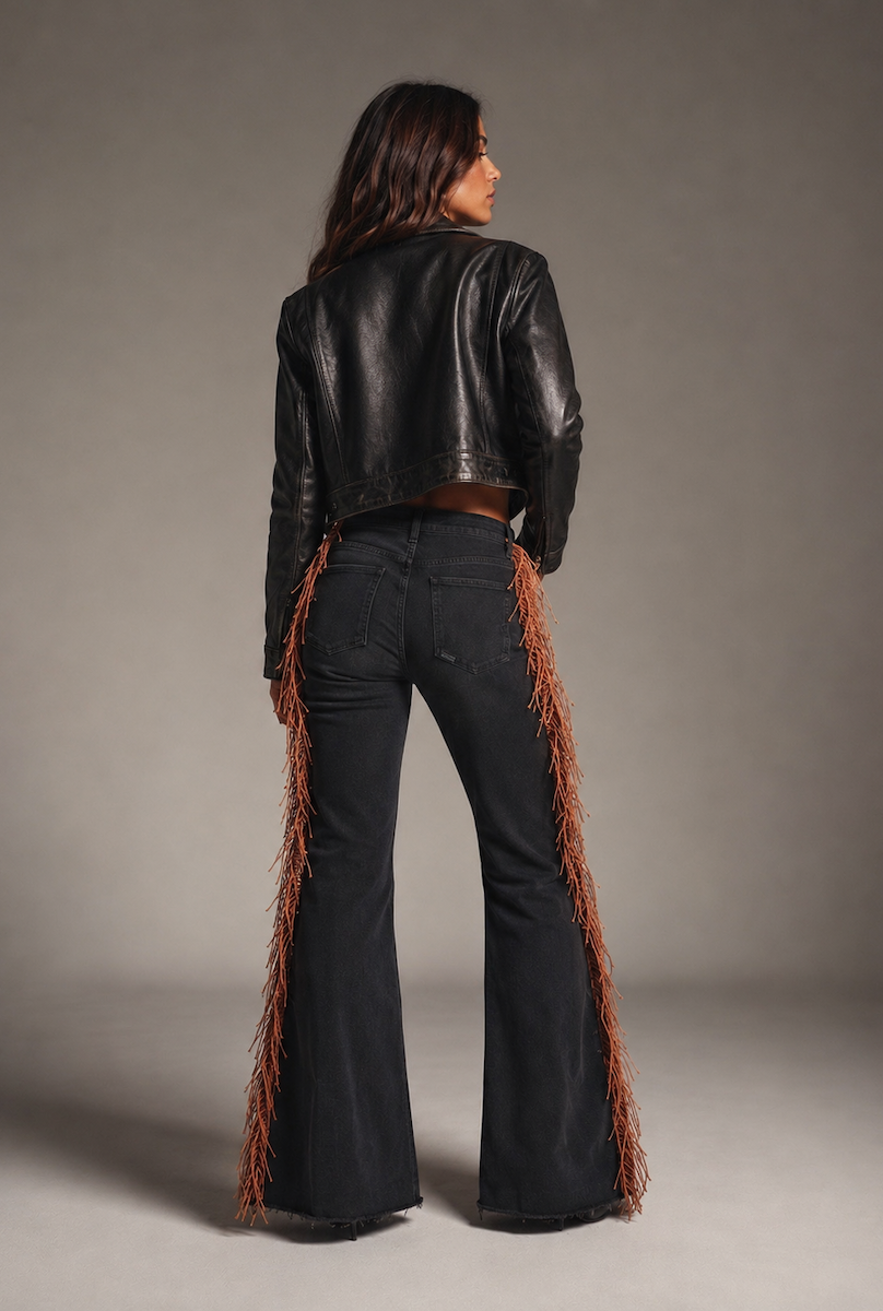 GJG Denim Texas Sun Bell Bottom Jeans with Brown Fringe