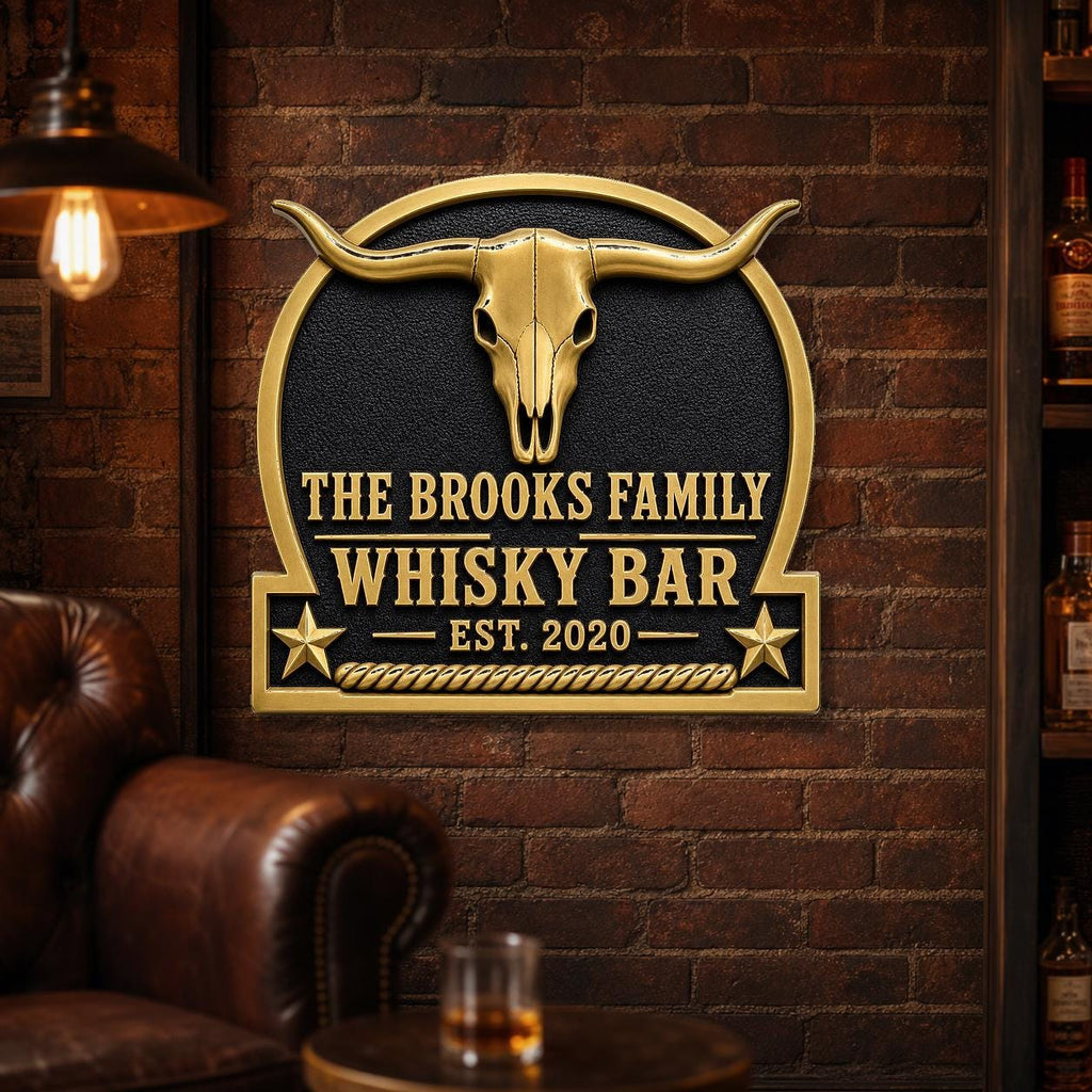 Personalized Home Bar Sign – Antique Brass Longhorn