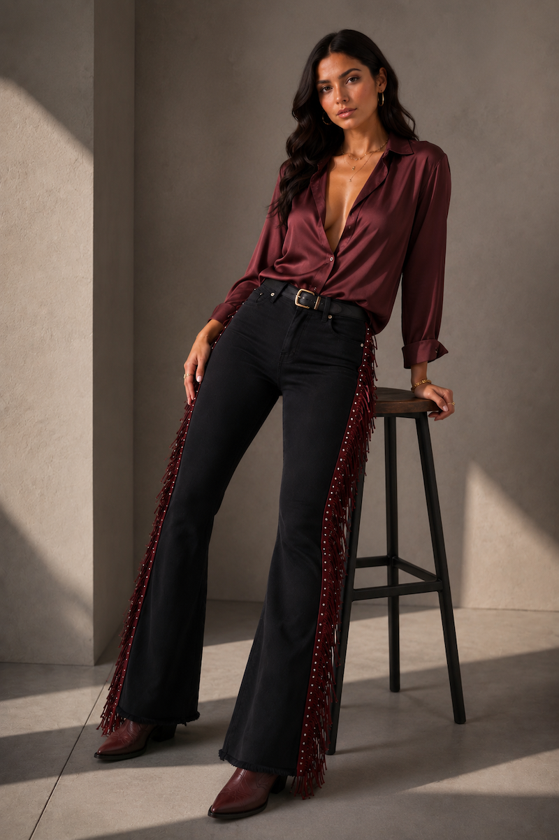 GJG Denim Texas Sun Black Bell Bottom Jeans with Burgundy Fringe