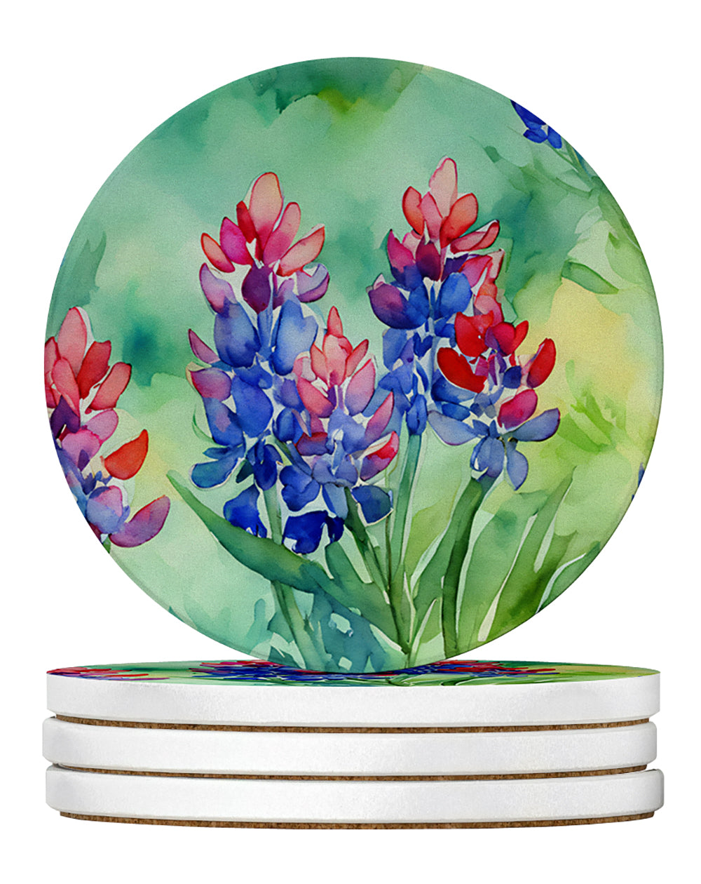 Texas Bluebonnets in Watercolor Large Sandstone Coasters Pack of 4