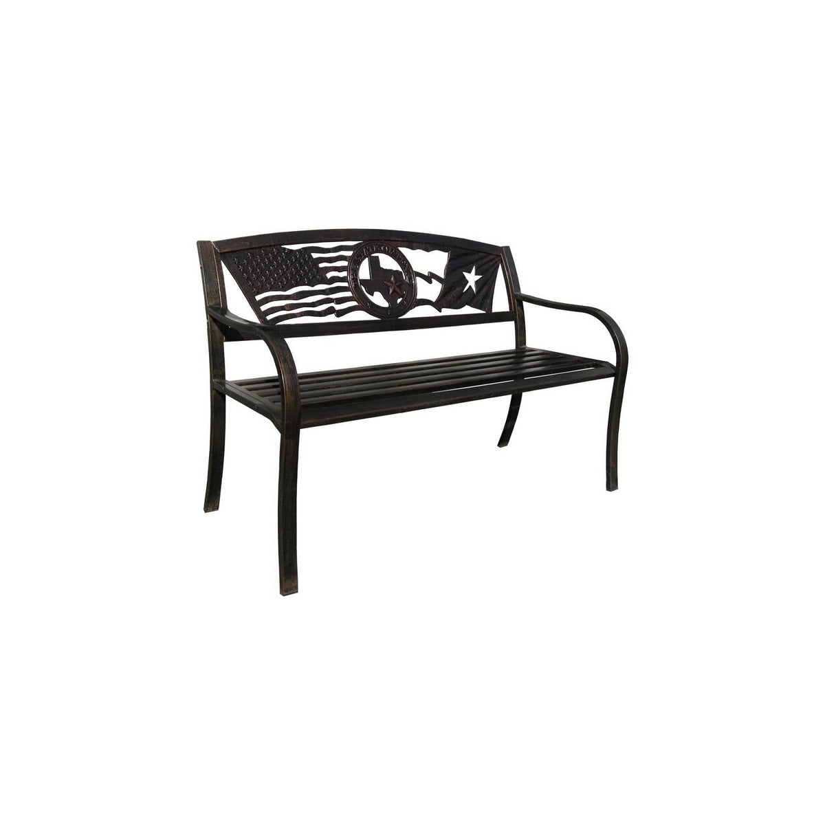 2 Person Texas Star Patriotic USA Flag Outdoor Metal Garden Bench in Bronze