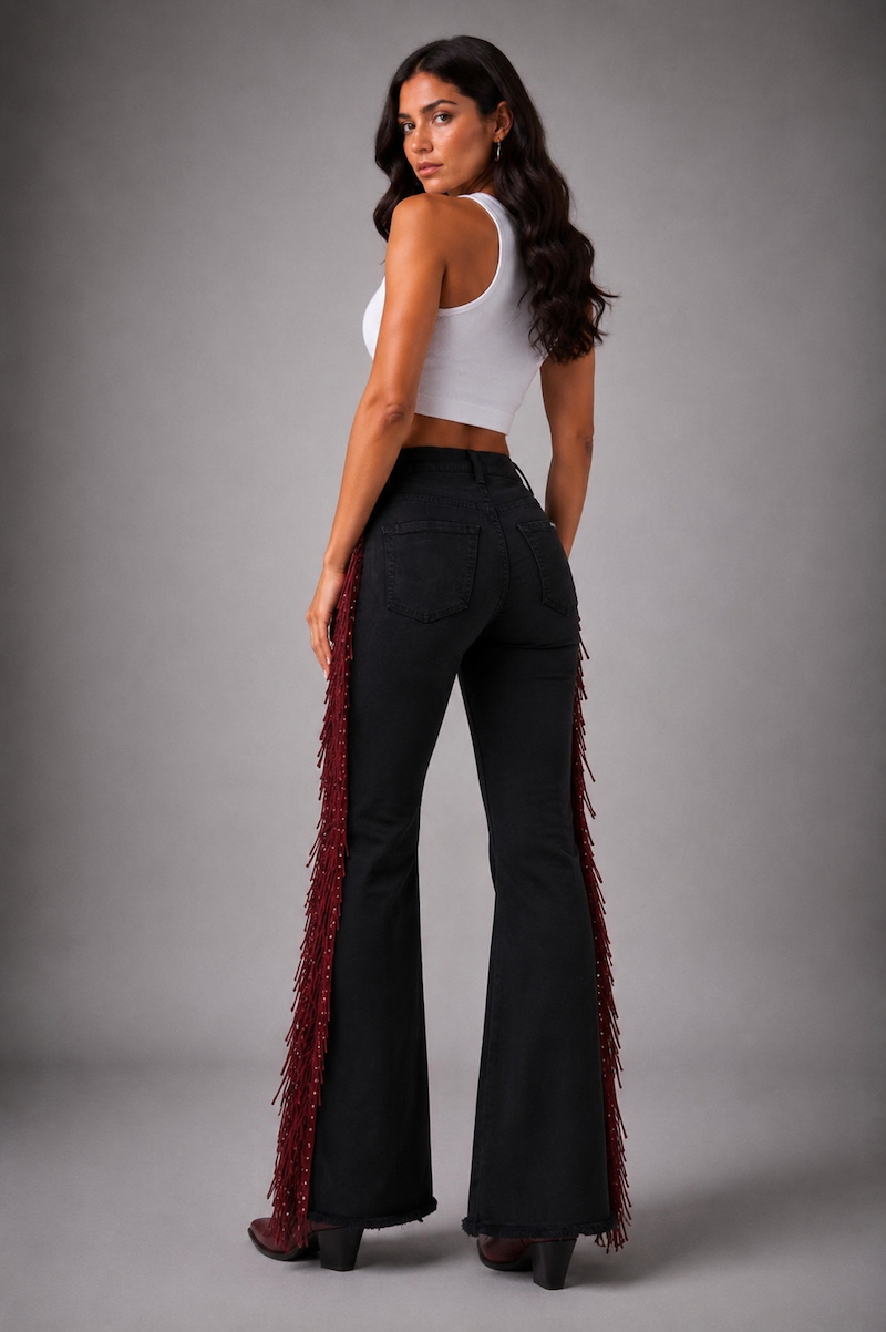 GJG Denim Texas Sun Black Bell Bottom Jeans with Burgundy Fringe