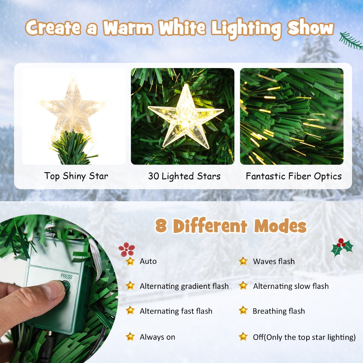 NNECW 150CM/180CM Pre-Lit Christmas Tree with 8 Lighting Modes-1.8M