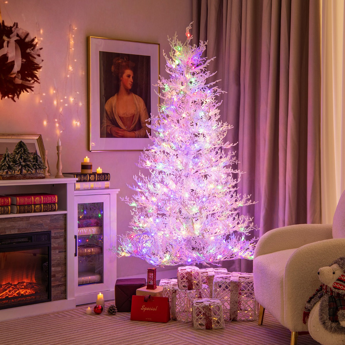 NNECW 185CM Pre-Lit Artificial Christmas Tree with 11 Lighting Modes