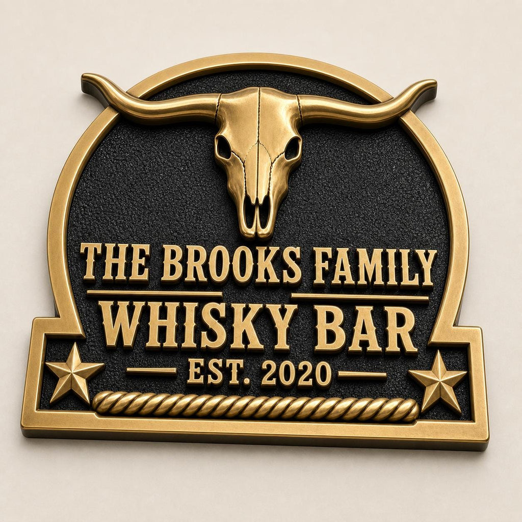 Personalized Home Bar Sign – Antique Brass Longhorn